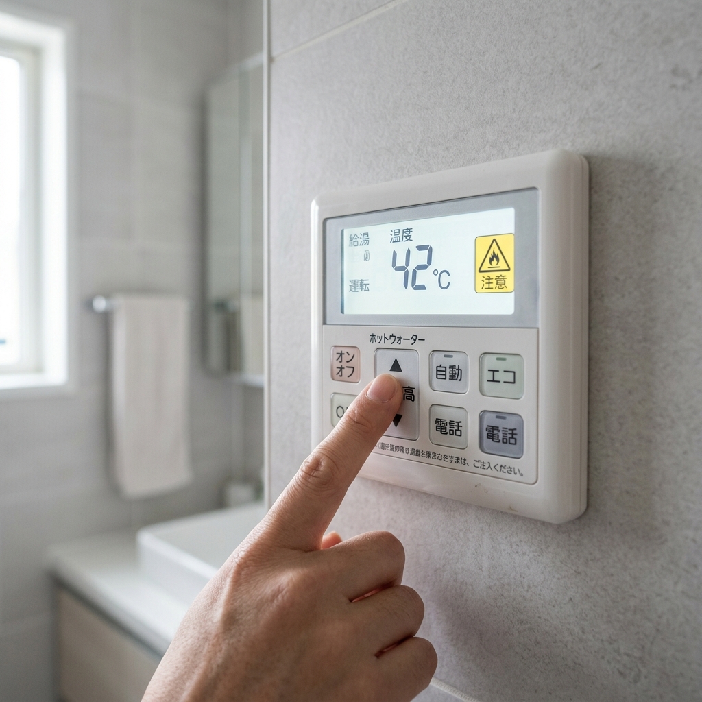 エコキュートのリモコン表示を確認する様子