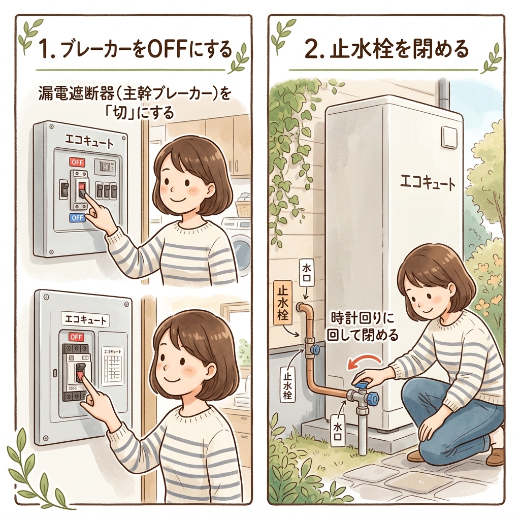 漏電遮断器と止水栓の操作