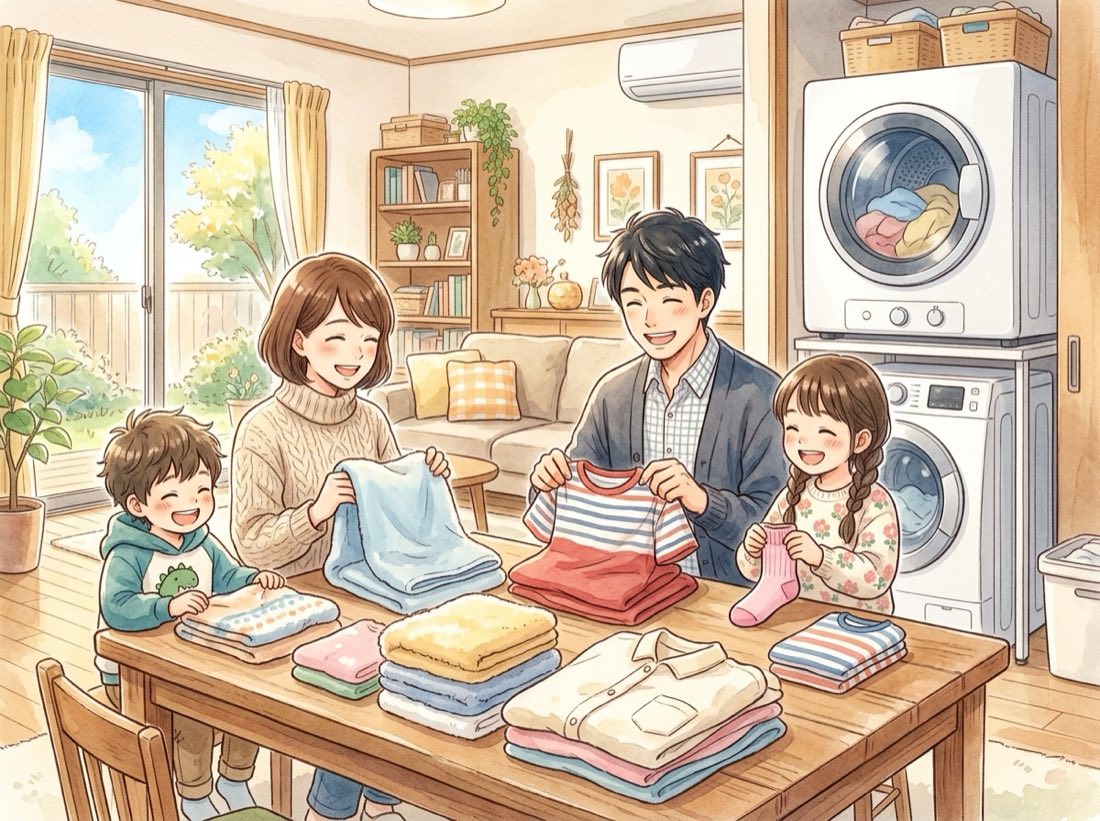 乾いた洗濯物を笑顔でたたむ家族