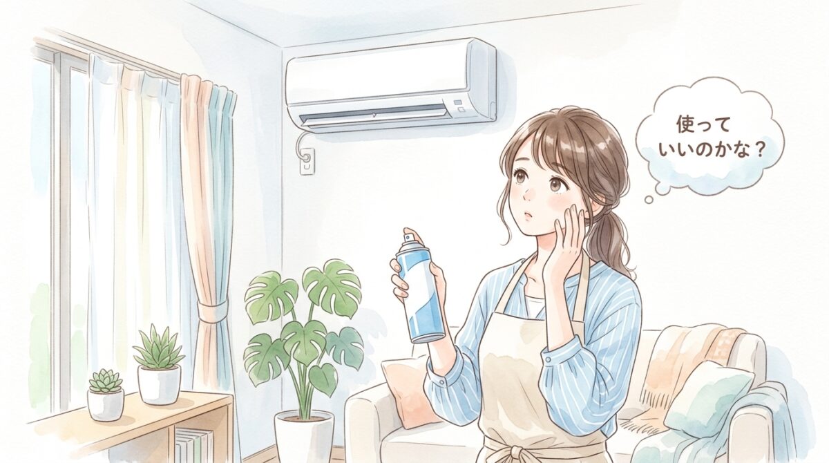 洗浄スプレーを手に悩む様子