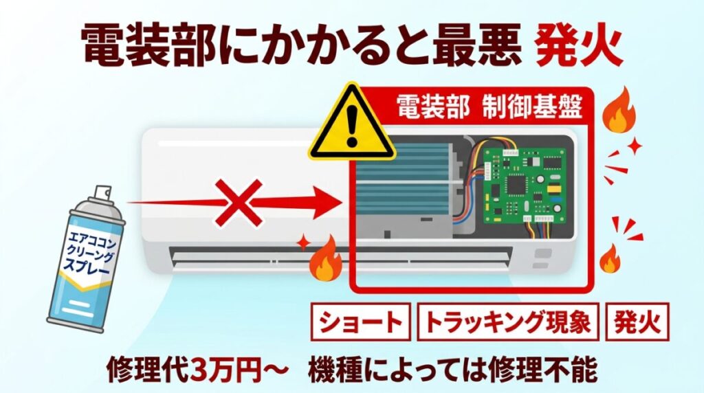エアコン洗浄スプレーが電装部にかかるとショート・トラッキング現象・発火を引き起こすリスクの警告図解