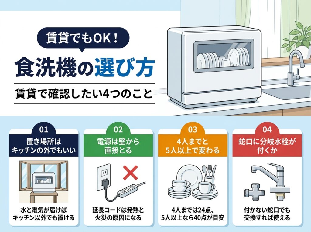 賃貸で食洗機を選ぶ前に確認したい4つのこと。置き場所、電源、家族の人数、蛇口に分岐水栓が付くか
