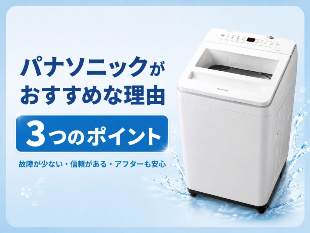 パナソニックがおすすめな3つの理由をまとめた図。故障が少ない、信頼がある、アフターも安心