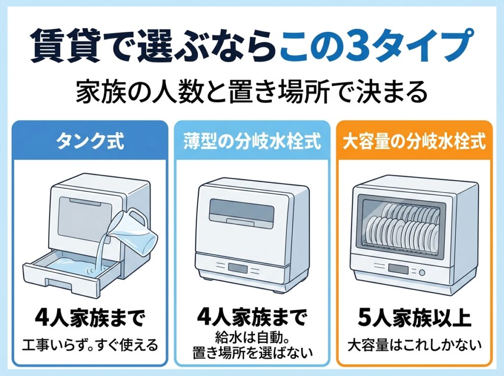 賃貸で選ぶ食洗機の3タイプ。タンク式は4人家族まで、薄型の分岐水栓式は4人家族まで、大容量の分岐水栓式は5人家族以上