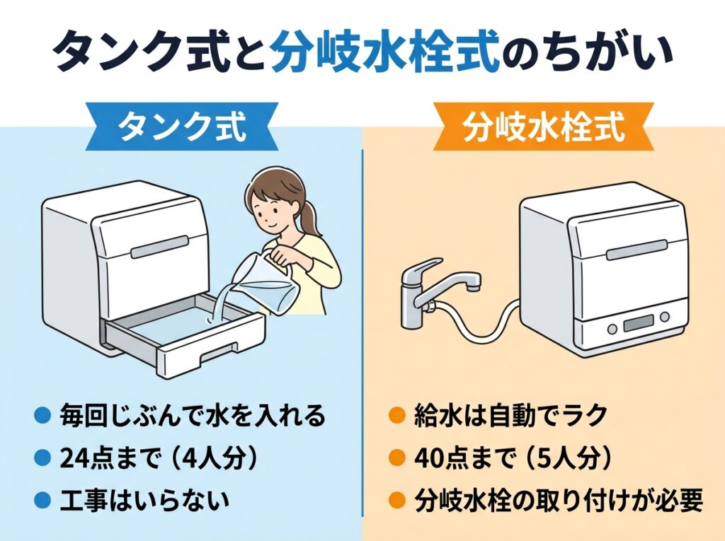タンク式と分岐水栓式の違い。タンク式は毎回自分で給水し24点まで、分岐水栓式は給水が自動で40点まで