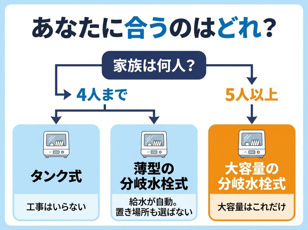 賃貸の食洗機の選び方フローチャート。家族が4人までならタンク式か薄型の分岐水栓式、5人以上なら大容量の分岐水栓式