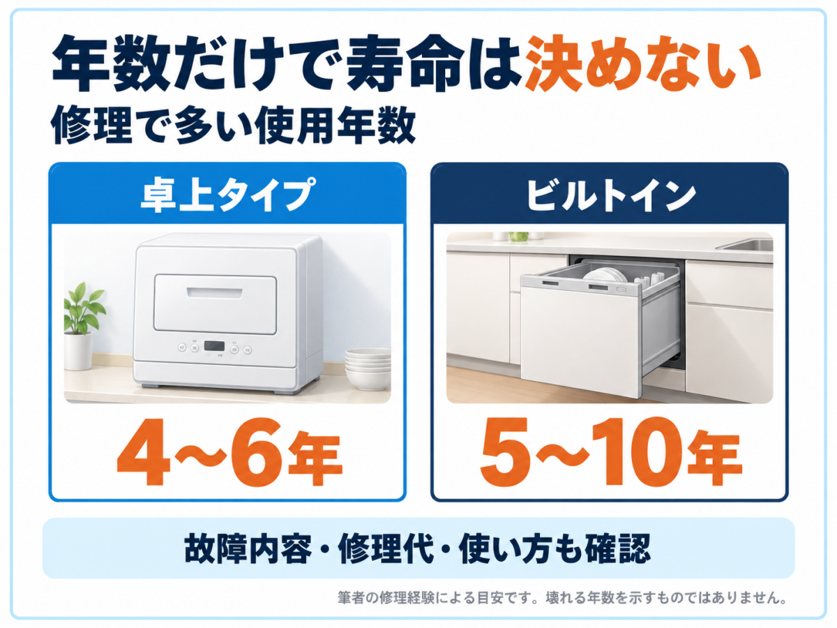 食洗機の寿命は年数だけで決めない。修理で多い使用年数は卓上タイプ4〜6年、ビルトイン5〜10年。