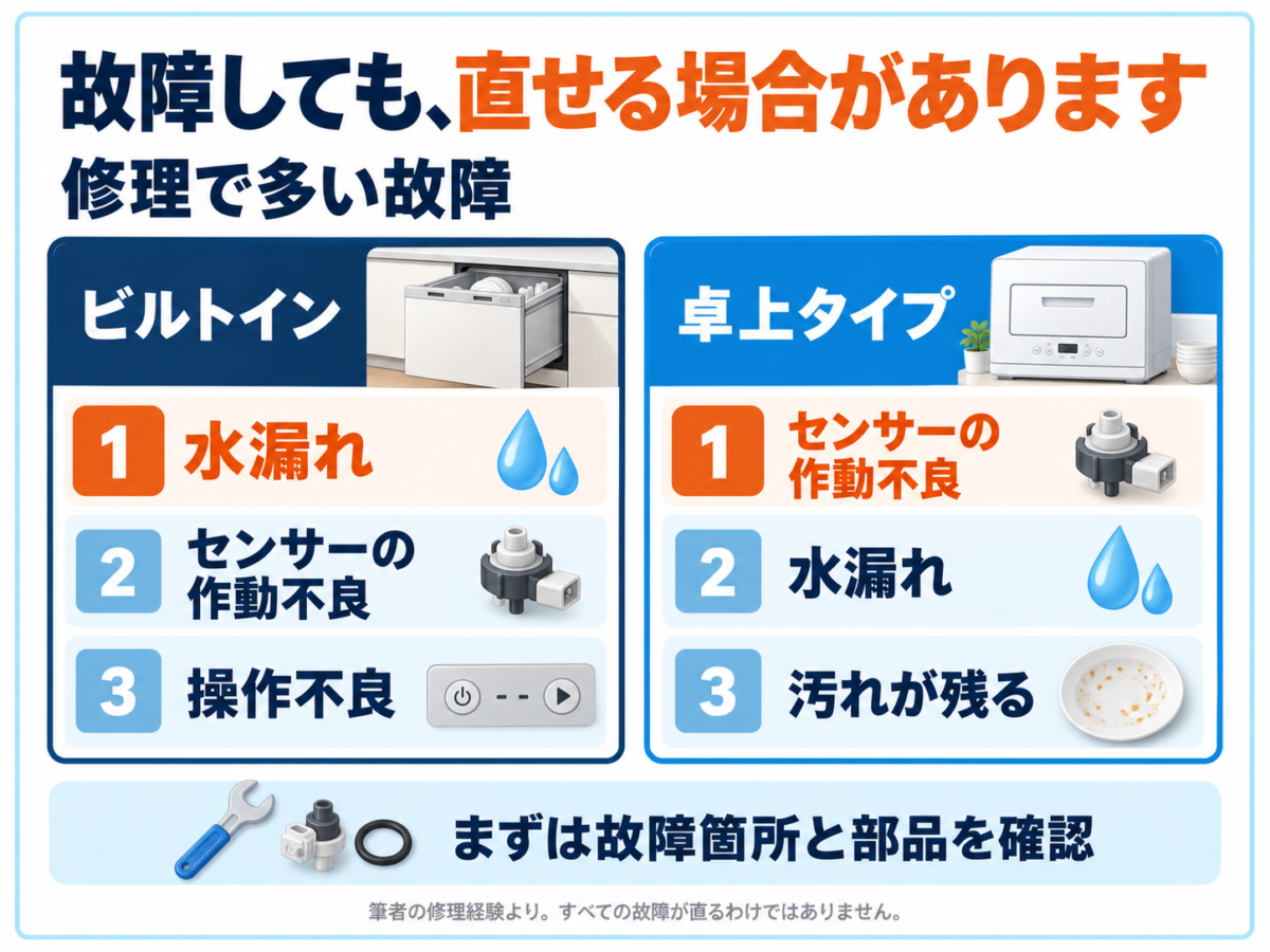 食洗機の修理で多い故障は水漏れとセンサーの作動不良。まずは故障箇所と部品を確認。