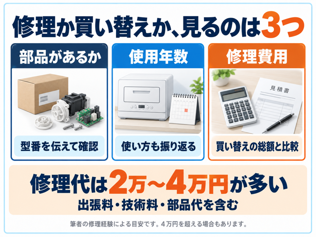 食洗機の修理と買い替えは部品・使用年数・修理費用で判断。修理代は出張料・技術料・部品代込みで2万〜4万円が多い。