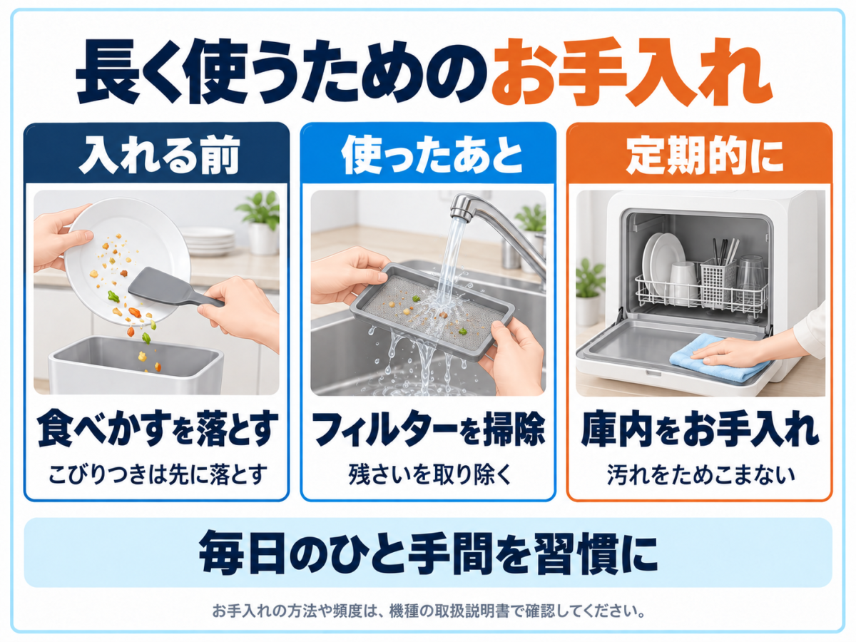 食洗機のお手入れ。入れる前に食べかすを落とし、使ったあとにフィルターを掃除、定期的に庫内をお手入れ。
