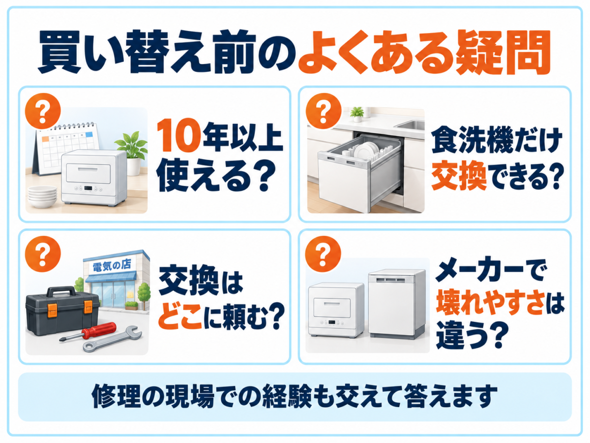 食洗機の買い替え前の疑問。10年以上使えるか、本体だけ交換できるか、交換の依頼先、メーカーによる壊れやすさ。