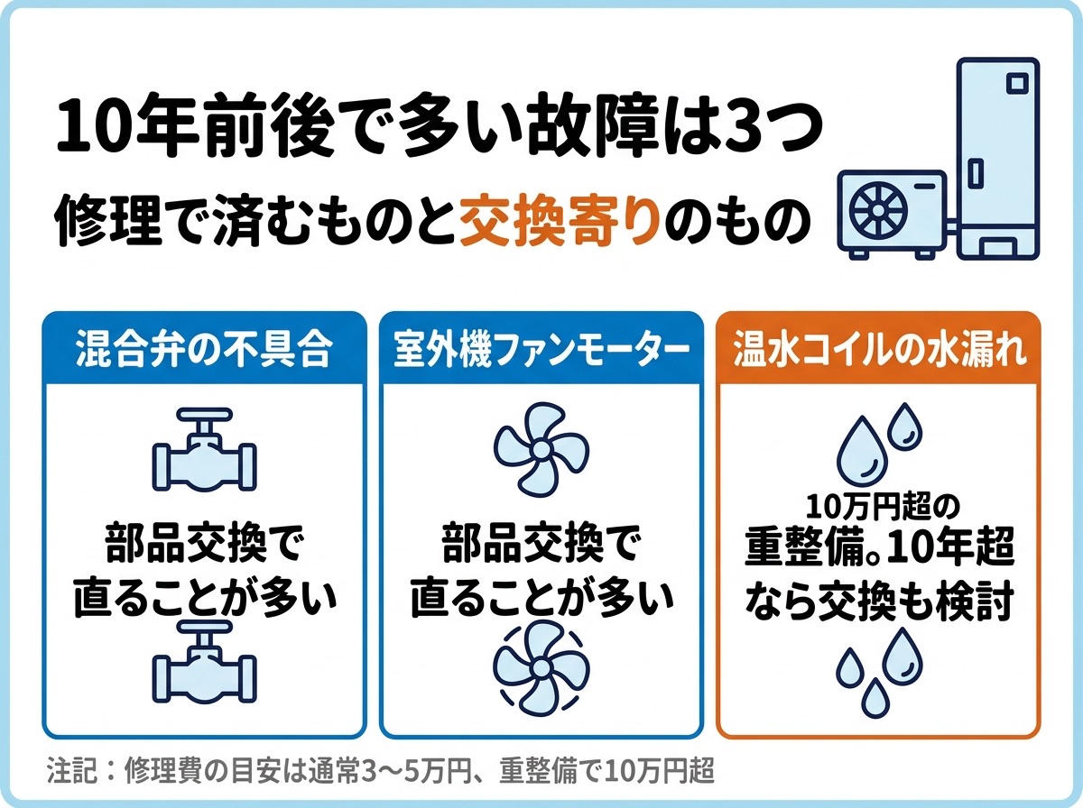 エコキュートで10年前後に多い故障は3つ。修理で済むものと交換寄りのもの