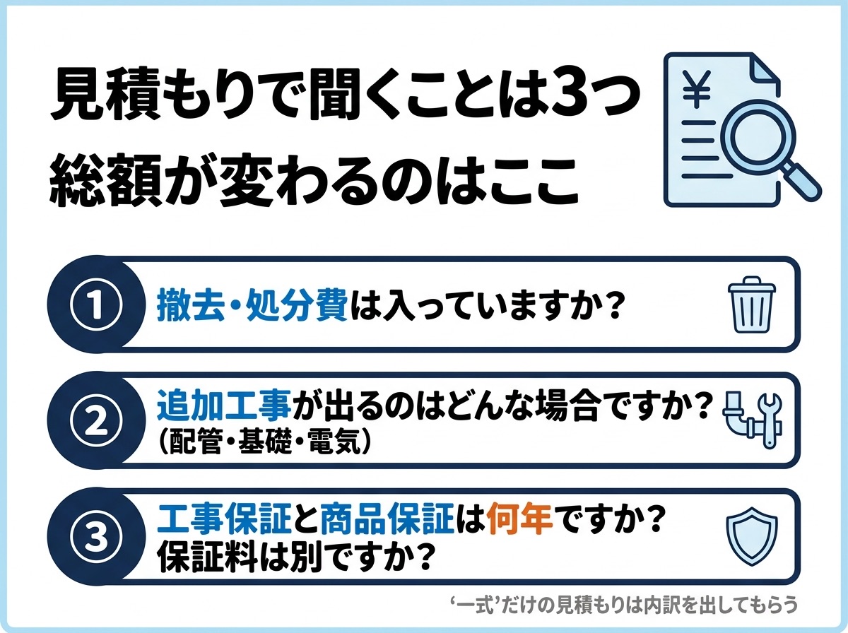 エコキュートの見積もりで聞くことは3つ。撤去処分費・追加工事・保証