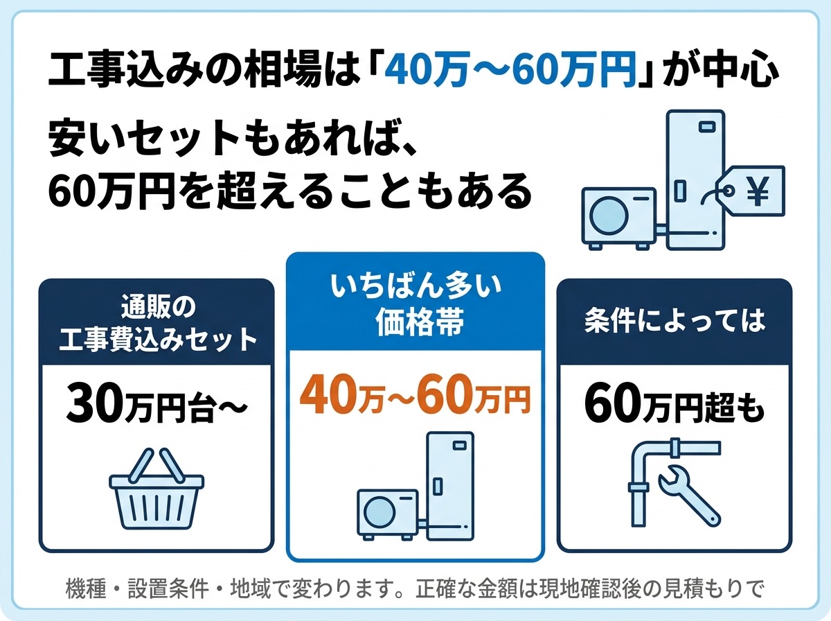 エコキュート工事込みの相場は40万〜60万円が中心。通販セットは30万円台から、条件によって60万円超も