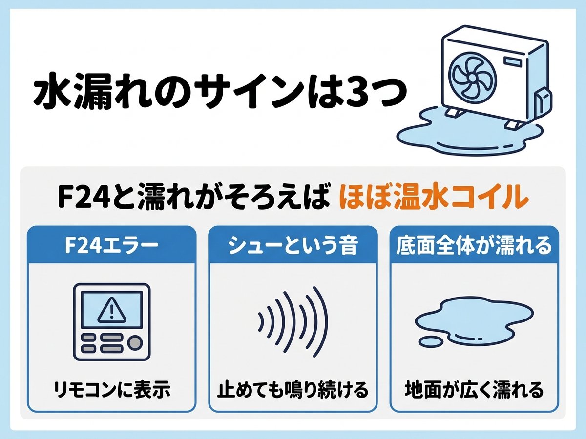 温水コイルの水漏れのサインは3つ。F24エラー・シューという音・底面全体が濡れる
