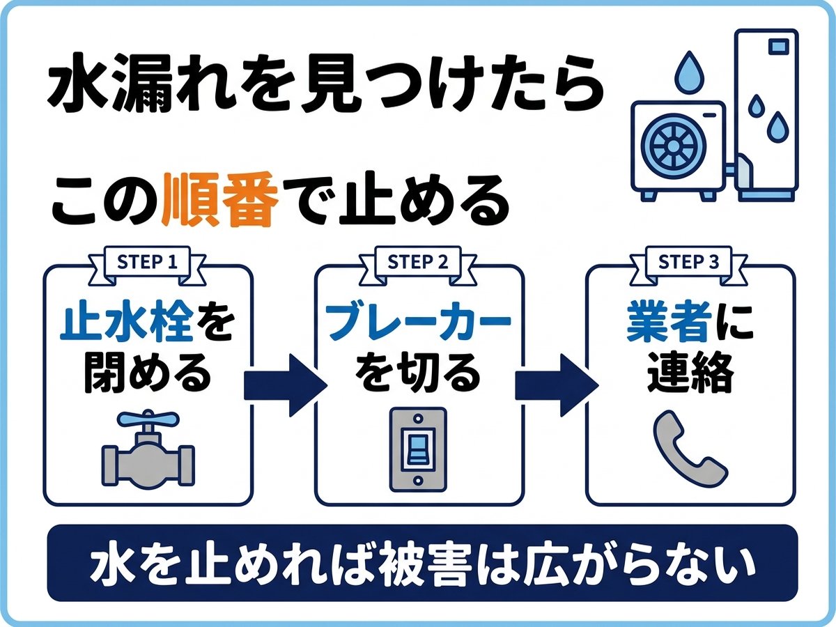室外機の水漏れを見つけたら止水栓を閉める、ブレーカーを切る、業者に連絡の順で対応