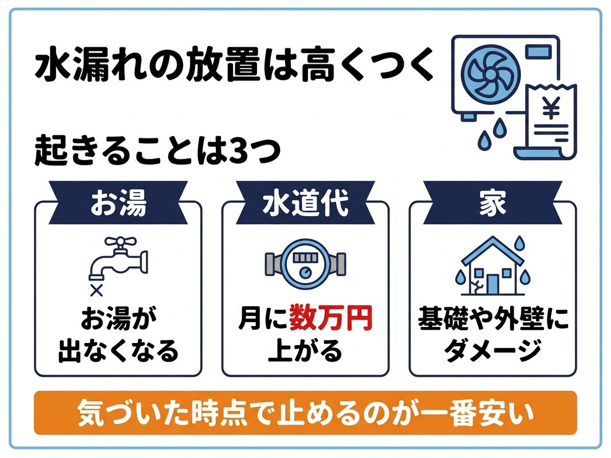 水漏れを放置するとお湯が出なくなり、水道代が月に数万円上がり、基礎や外壁にダメージ