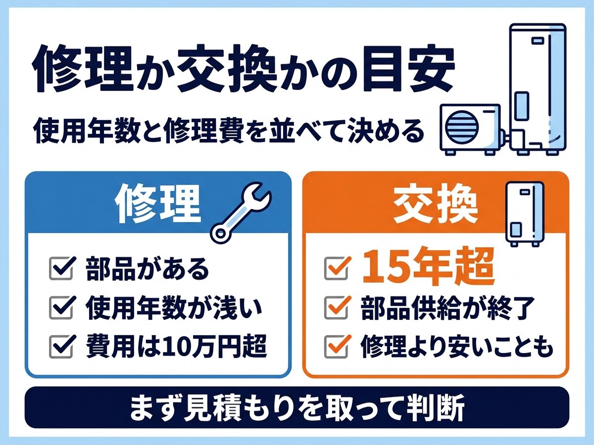 修理か交換かの目安。部品があり年数が浅ければ修理、15年超や部品供給終了なら交換