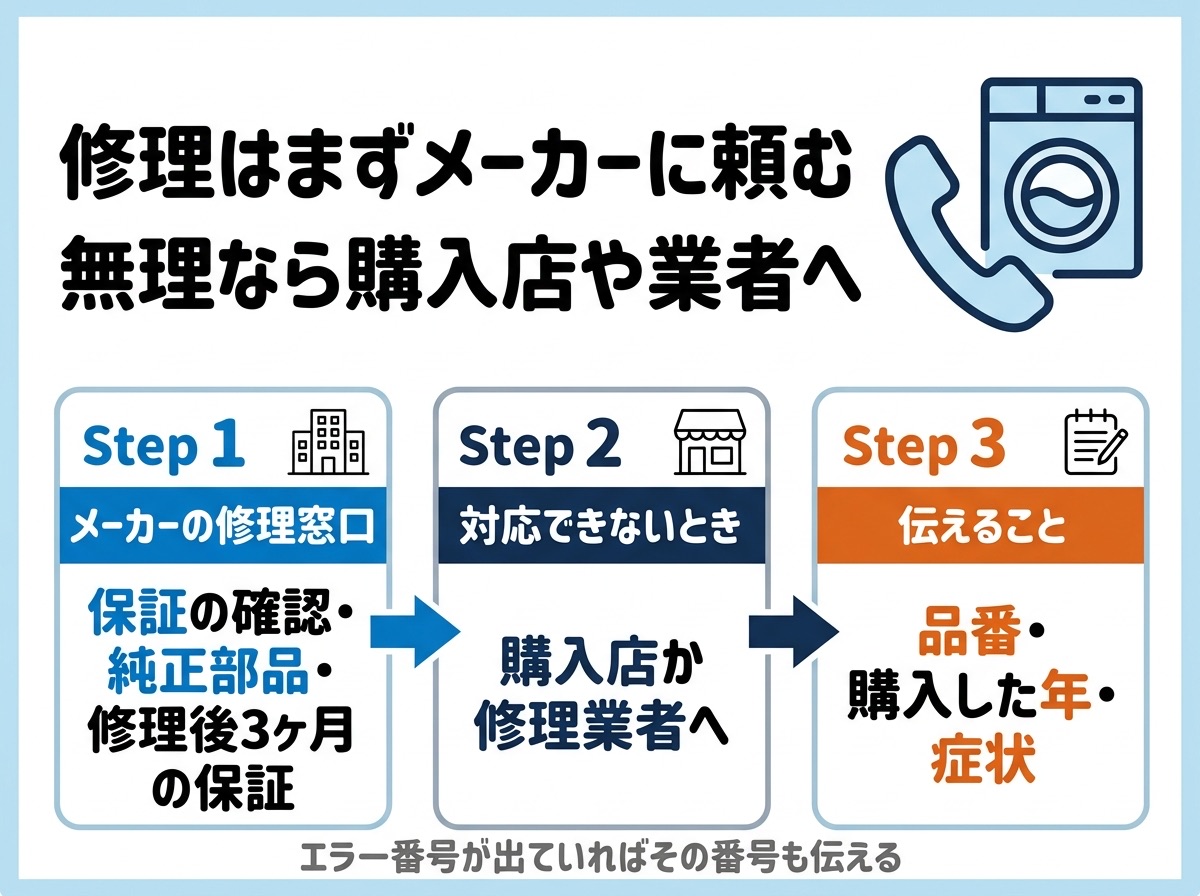 洗濯機の修理はまずメーカーに頼む。無理なら購入店や業者へ