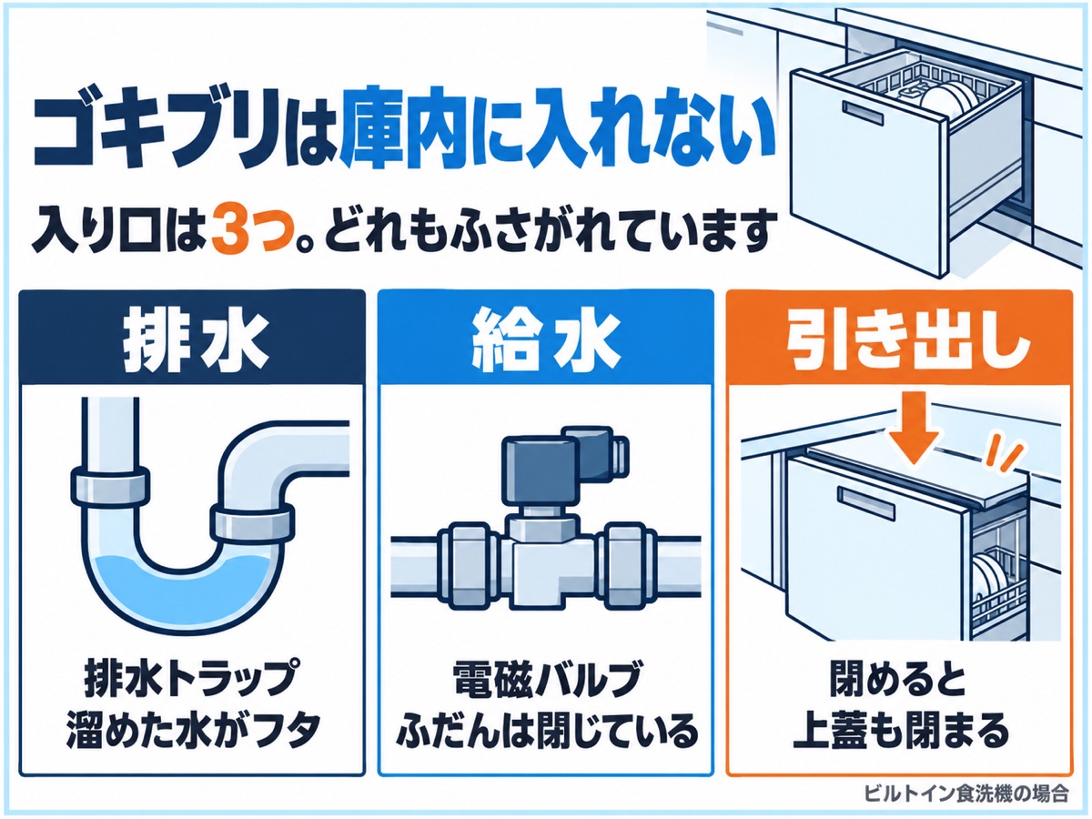 食洗機の庫内につながる排水・給水・引き出しの3つの入り口が、排水トラップ・電磁バルブ・上蓋でふさがれていることを示した図