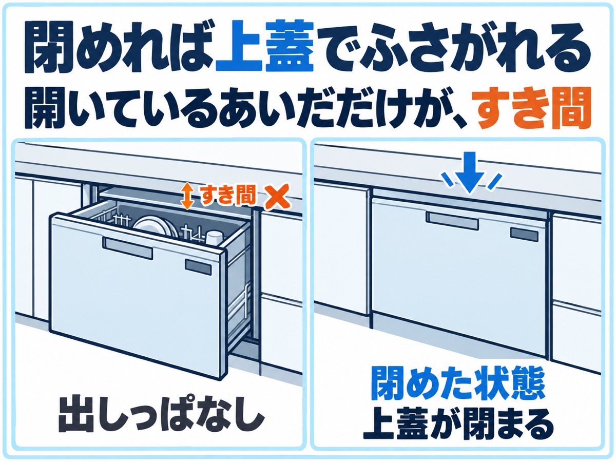 引き出しを出しっぱなしにするとすき間ができ、閉めると上蓋でふさがれることを比べた図