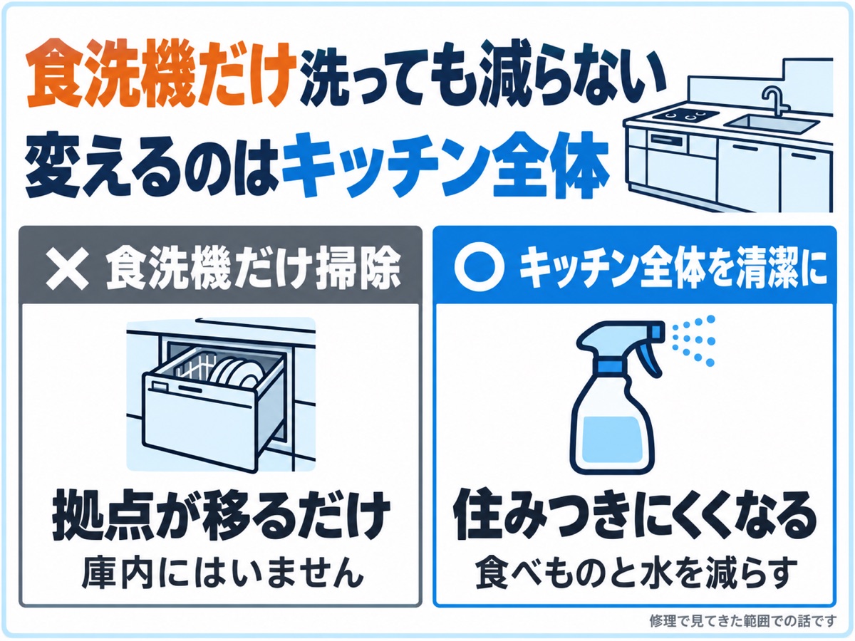 食洗機だけを掃除しても拠点が移るだけで、キッチン全体を清潔にするとゴキブリが住みつきにくくなることを対比した図