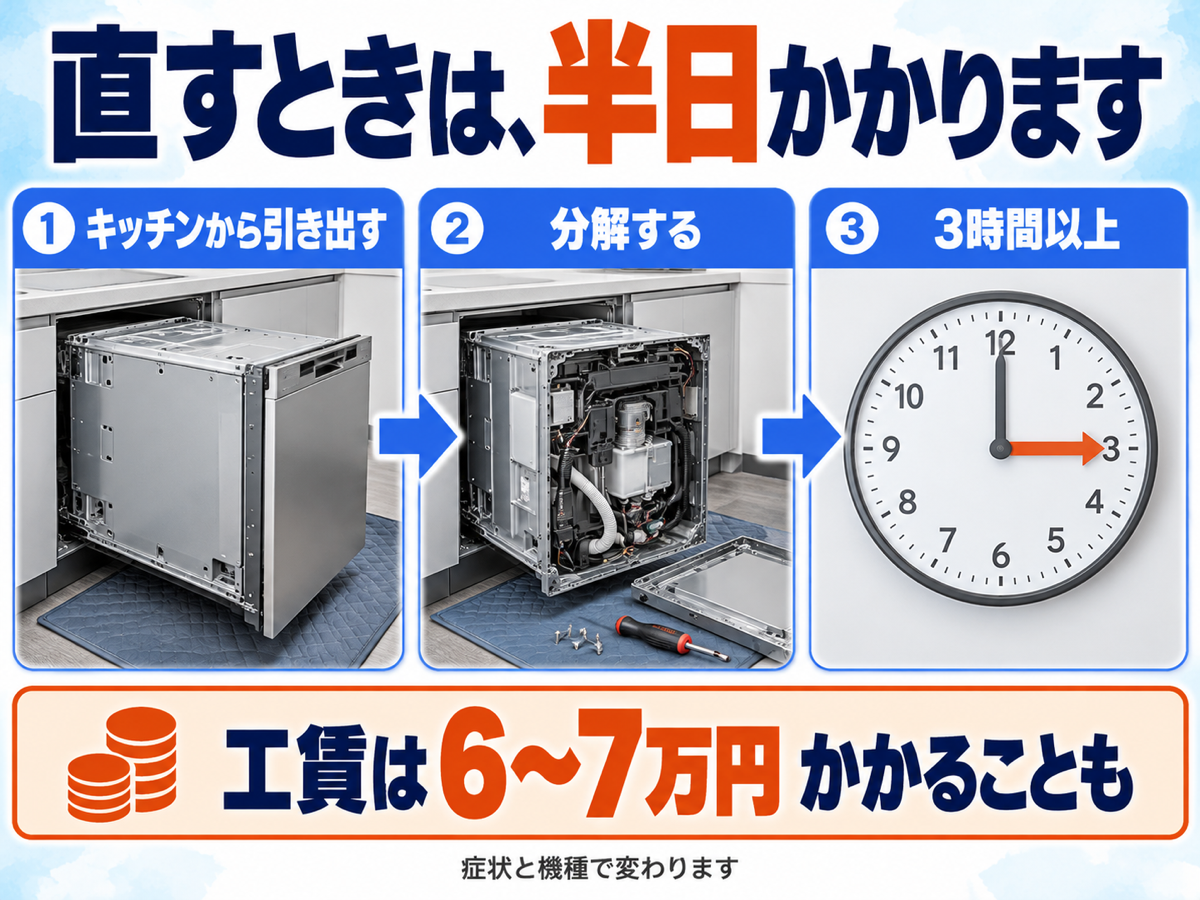 フロントオープン食洗機を直すときは半日かかる｜工賃6〜7万円