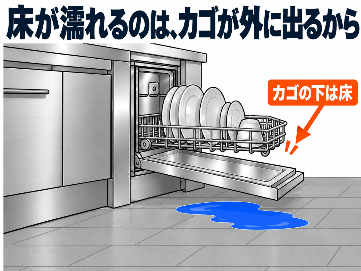 床が濡れるのはカゴが外に出るから｜フロントオープン食洗機