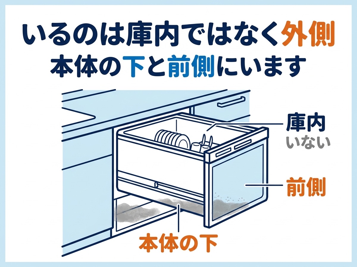 ビルトイン食洗機を引き出した断面図。庫内にはいないこと、本体の下と前側にホコリが溜まっていることを示している
