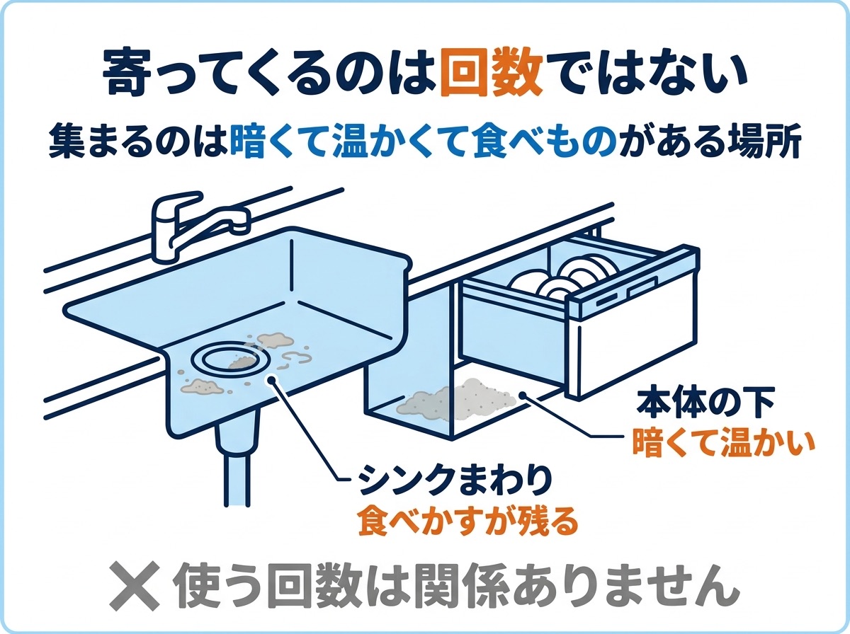 キッチンの断面図。ゴキブリが集まるのは食洗機本体の下とシンクまわりで、使う回数は関係ないことを示している