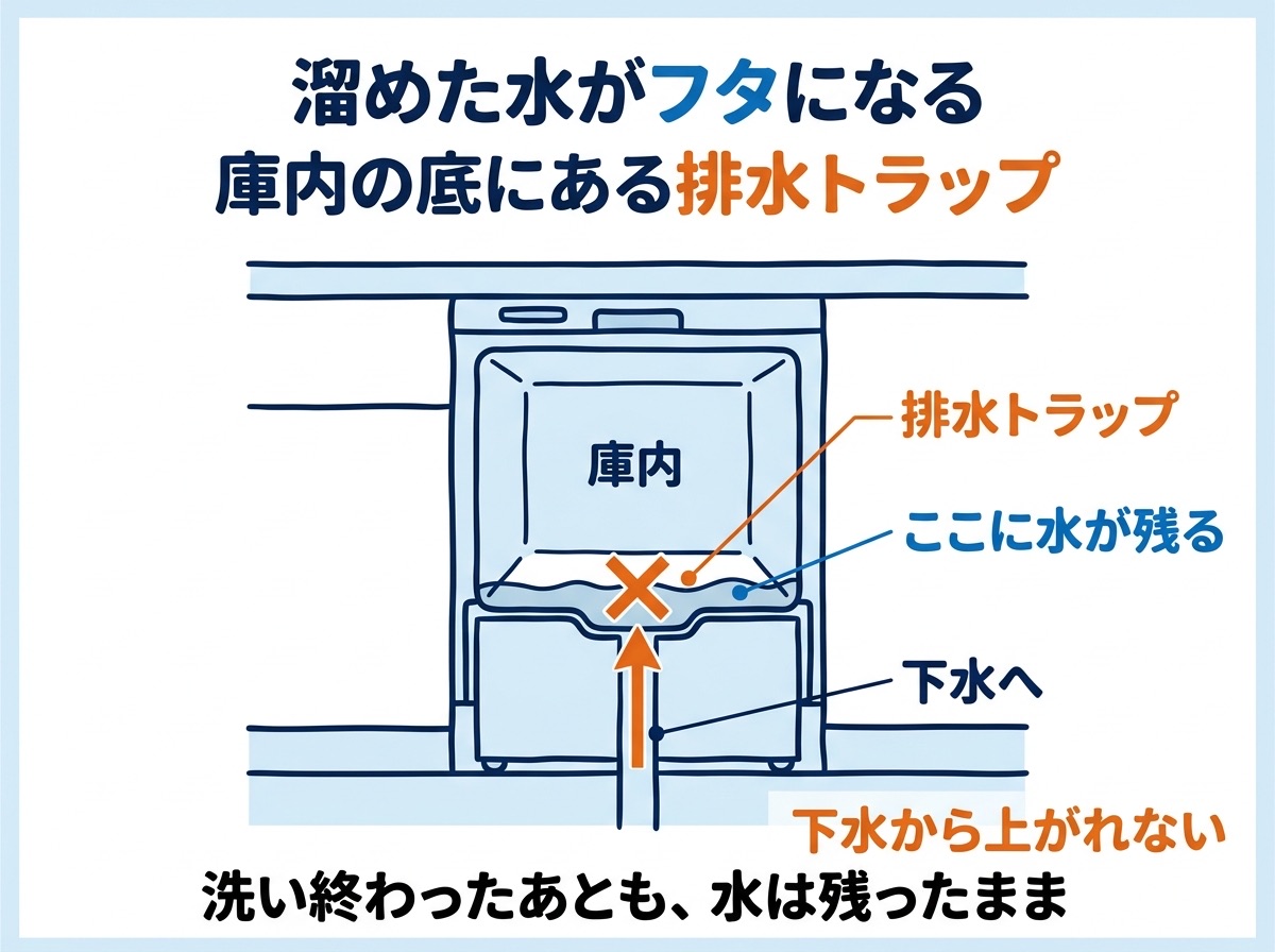 食洗機の庫内の底にある排水トラップに水が溜まり、下水側から虫が上がってこられないことを示した断面図